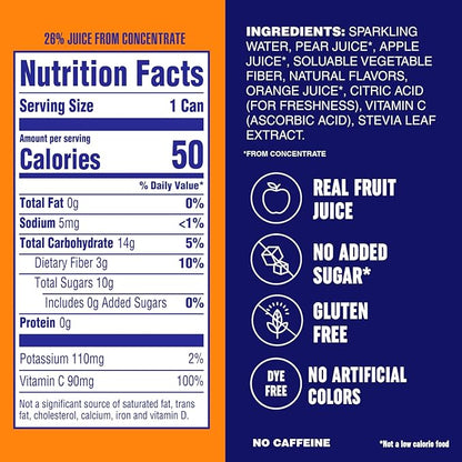 PLEZi FiZZ Orange Mango Sparkling Juice - Healthy Soda Alternative with Real Fruit Juice, No Added Sugar - Low Sugar Sparkling Drink - Good Source of Fiber, 12 Fl Oz (12 Pack)