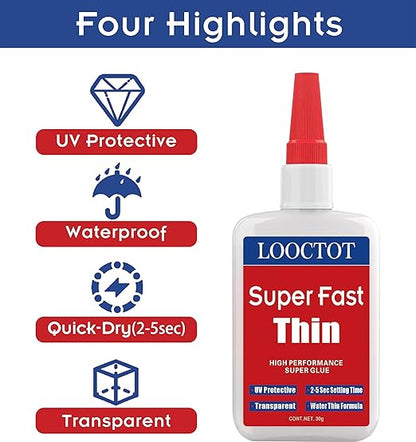 60g(2.12 oz) Thin Super Glue Dries Super Fast (2-5 Sec) Premium CA Glue for Woodworking, Woodturning, Hobby Models, CA Finish, Inlays. Waterproof Clear