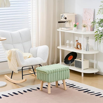 Wimarsbon Storage Ottoman,Soft Faux fur Footstool with Padded Seat, Small Reading Vanity Chair, Footrest with Wood Tray for Couch, Mini Coffee Table or Display Stand (Light Green, Rectangular Storage)