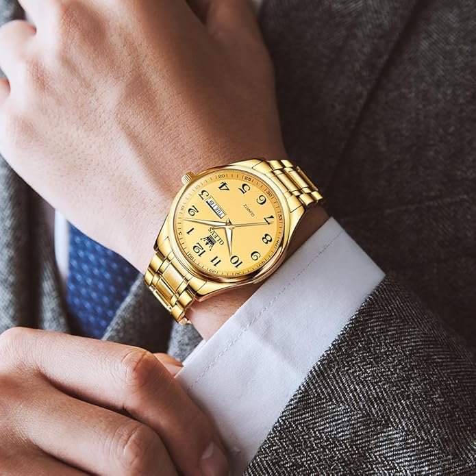 Men's Casual Stainless Steel Watch, Big Face Easy to Read Analog Quartz Watch with Day and Date, Classic Waterproof Diamond Roman Arabic Numerals Dial Dress Watch for Men, Gold Silver Black Band