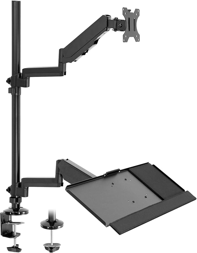 MOUNT-IT! Sit Stand Monitor Desk Mount [Fits 32" Screens] Height Adjustable, Full-Motion Articulating Arm with Keyboard Tray and Cable Management (Black)