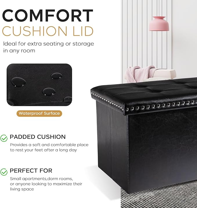 Folding Storage Ottoman Bench 30in, Leather Foot Rest Stools Ottoman with Storage, Coffee Table, End of Bed Bench Footstool for Living Room, Bedroom, Load 330 lb, 30x15x15 inches, Black