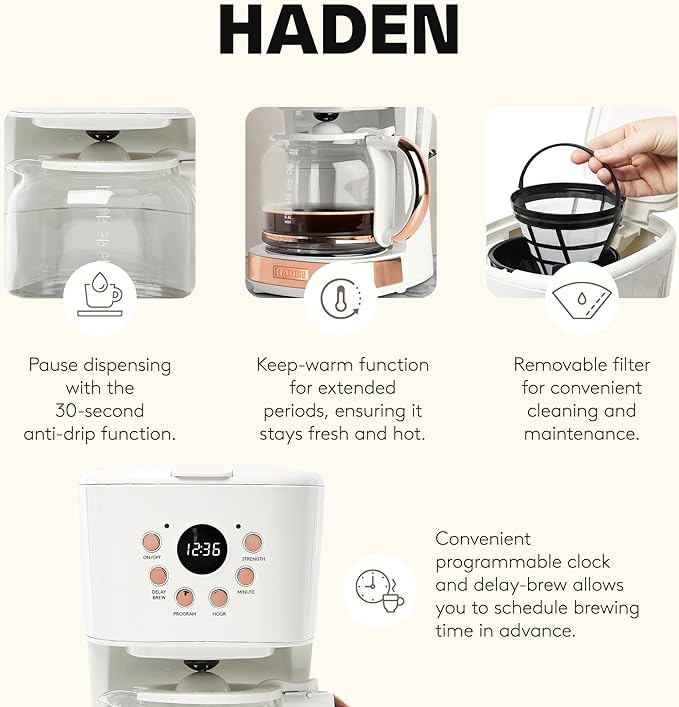 Haden Coffee Machine, 12 Cup Programmable Drip Coffee Maker with Auto Shut-Off Function and Reusable Washable Water Filter, Ivory & Copper