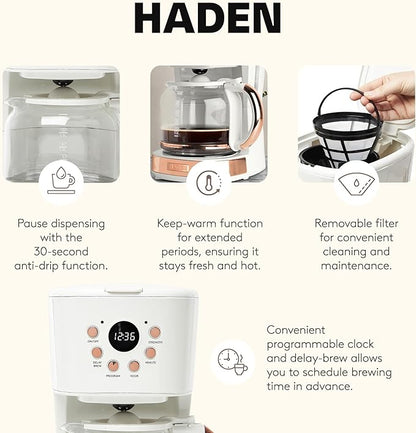 Haden Coffee Machine, 12 Cup Programmable Drip Coffee Maker with Auto Shut-Off Function and Reusable Washable Water Filter, Ivory & Copper