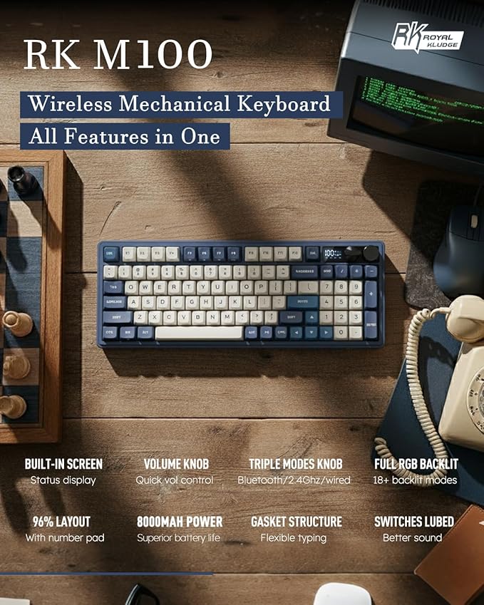 RK ROYAL KLUDGE M100 Wireless Mechanical Keyboard w/Screen & Dual Knobs, Tri-Mode Gasket Mount Gaming Keyboard with Number Pad, Hot Swappable Cream Switch, Blue