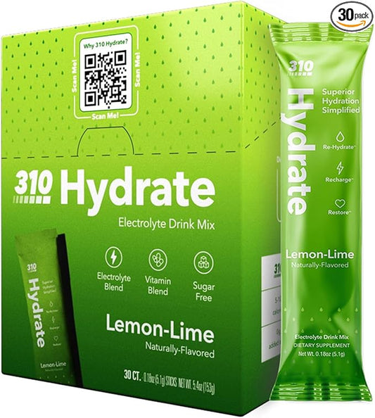 310 Nutrition Sugar Free Electrolytes Powder - Instant Hydration Packets for Daily Fluid Balance - Caffeine-Free Rehydration Drink Mix w/Vitamins, Low Calorie & Keto Friendly - Lemon Lime 30 Singles
