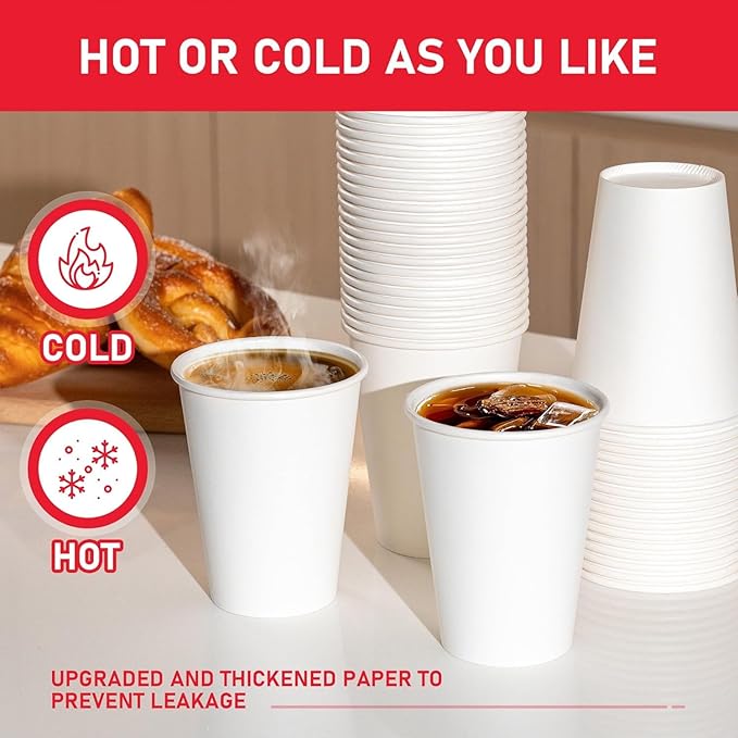 12 oz 500 Pack Paper Coffee Cups, Hot Disposable Paper Cups, Thickened Leak-Free White Coffee Cups for Hot and Cold Drinks