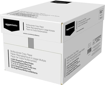 Amazon Basics Multipurpose Copy Printer Paper, 20 lb, 11 x 17 Inches, 5 Reams (2,500 Sheets), 92 Bright, White