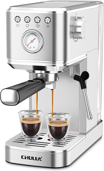 CHULUX Slim Espresso Machine with Milk Frother Steam Wand, 20 Bar Professional Italian Pump Espresso Coffee Machine for Home Cappuccino & Latte Maker, Silver