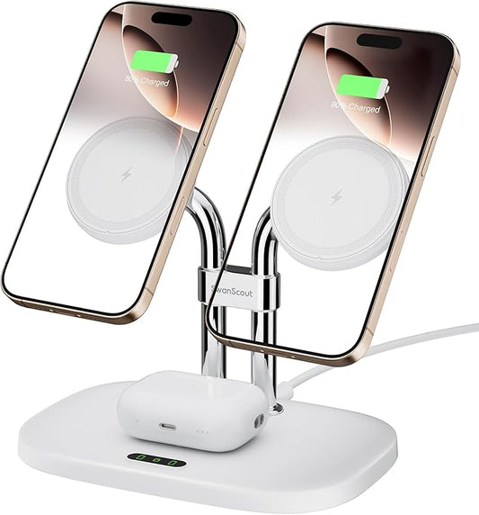 SwanScout Wireless Charger for iPhone Air/17, SwanScout 706M, Dual Magnetic Charger for iPhone 16/15/14/13/12 Series, Charging Station for AirPods Pro 3/2, AirPods 4/3rd (White)