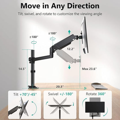 WALI Single Monitor Arm 13-32 Inch, Single Monitor Mount, Vesa Desk Mount up to 19.8lbs Gas Spring Arm with Clamp, VESA 75x75mm or 100x100mm Compatibility(GSDM001), Black