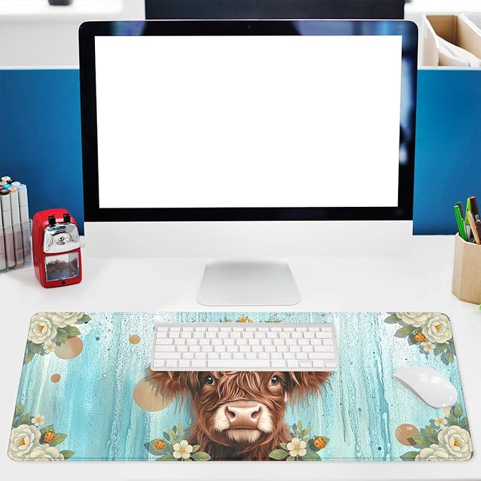 Highland Cow Desk Pad Mouse Pad Floral Farmhouse Flower Crown Mousepad XL Large Gaming Mouse Pad Laptop Keyboard Mat Desk Pad 31.5"x11.8"