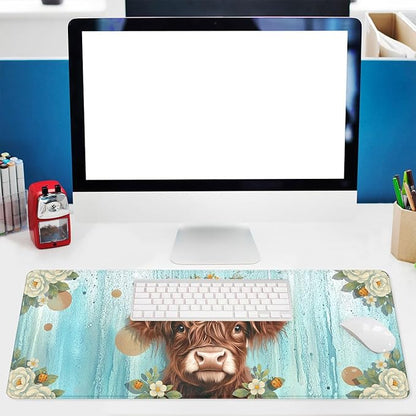 Highland Cow Desk Pad Mouse Pad Floral Farmhouse Flower Crown Mousepad XL Large Gaming Mouse Pad Laptop Keyboard Mat Desk Pad 31.5"x11.8"