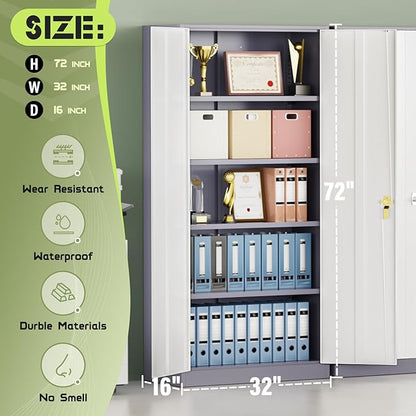 SUNCROWN 72" Metal Storage Cabinet - Heavy-Duty Metal Garage Cabinet with 4 Adjustable Shelves & 2 Doors for Tools, Office, Home, Workshop,Grey & White-Small