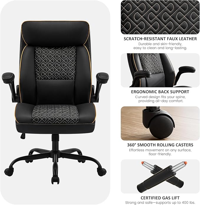 Leather Executive Office Chair, Computer Desk Chair with Lumbar Support, Comfortable Home Office Chairs 400lbs with Padded Flip-up Armrests, Height Adjustable, Tilting Function, Black