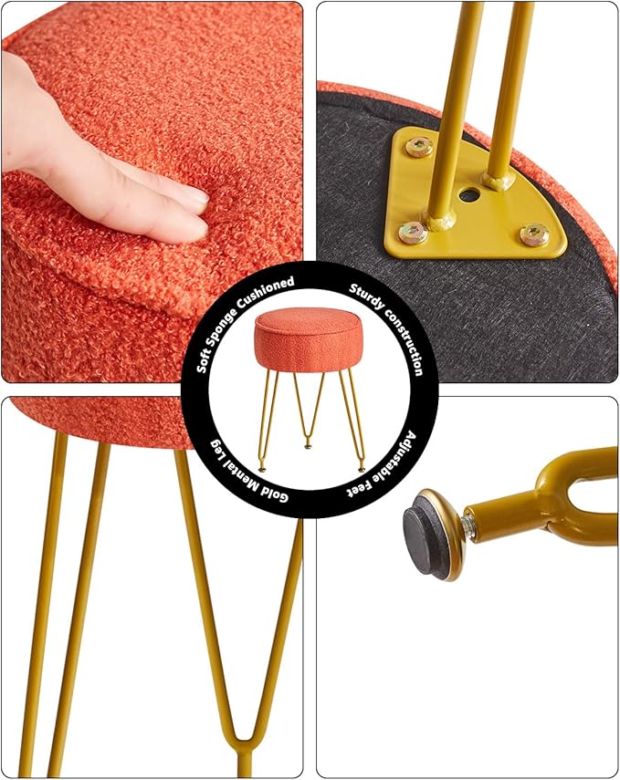IBUYKE Teddy Velvet Round Footrest Stool Ottoman, Makeup Vanity Stool Side Table, Velvet Dressing Table Seat, Pouf Couch Stool, for Living Room Bedroom, Orange WBD009J