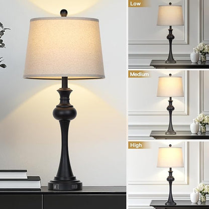 28.75'' Modern Black Metal Table Lamps Living Room Lamp for Nightstand Bedside End Lamp Home Decor Touch Lamp Modern Lamps with USB A+C Ports & Outlets （Bulb Included）