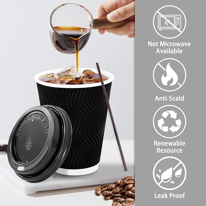 Lamosi 12 oz Disposable Coffee Cups with Lids, 500 Pack Insulated Hot Cups To Go Paper Coffee Cups with Lids and Straws, Corrugated Ripple Wall Cup for Hot Drink, Office, Coffee Bar (Black)