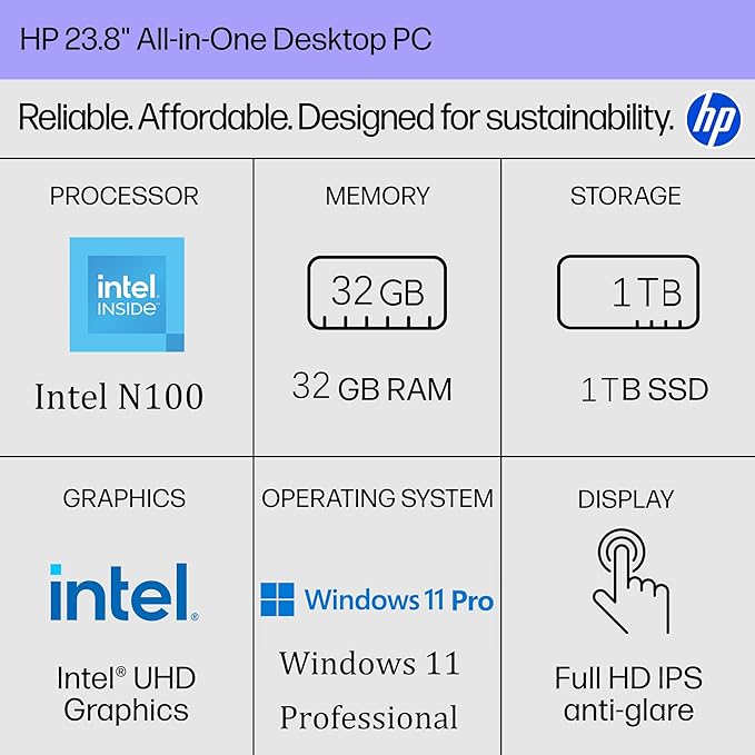 HP 24 Touchscreen All-in-One Desktop Computer for Home and School, Intel Processor (Beat i3-1110G4), 23.8" FHD Display, 32GB DDR4 RAM, 1TB PCIe SSD, WiFi 6, Bluetooth, Business AIO, Windows 11 Pro