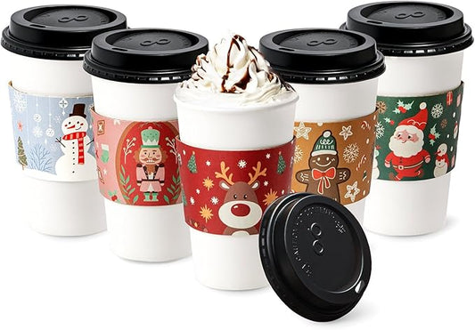 Fit Meal Prep 50 Pack 16 oz Christmas Disposable Coffee Cups with Lids, Sleeves, Leak-Proof To Go Coffee Cups with Lids, Durable Holiday Paper Cups for Hot Beverage, Home, Office, Party