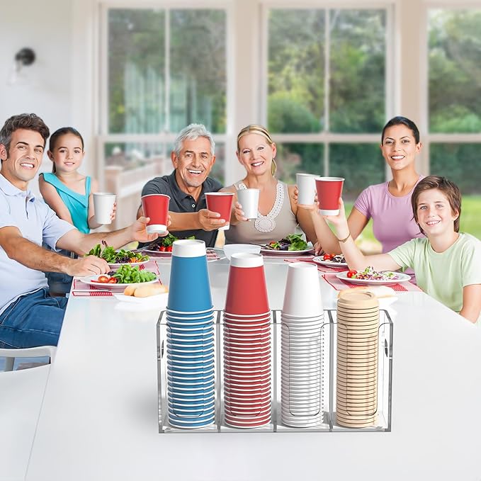 WINFFOR Disposable Cup Organizer Dispenser - 4 Compartments Clear Acrylic Cup and Lid Holder with Handles Plastic Cup Dispenser Countertop Paper Cup Holder for Coffee Bar House Party Essentials
