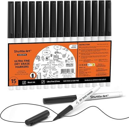 Shuttle Art Ultra Fine Dry Erase Markers, 15 Pack Black Whiteboard Markers with Erase, Dry Erase Markers Perfect For Writing on Whiteboards, Dry-Erase Boards,Mirrors for School Office Home