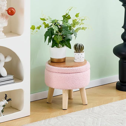 Mxfurhawa Versatile Storage Ottoman, Round Footstool with Soft Padded Seat, Small End Table with 4 Wood Legs, Teddy Velvet Foot Rest for Couch,Shoe Changing Stool for Living Room (Pink)