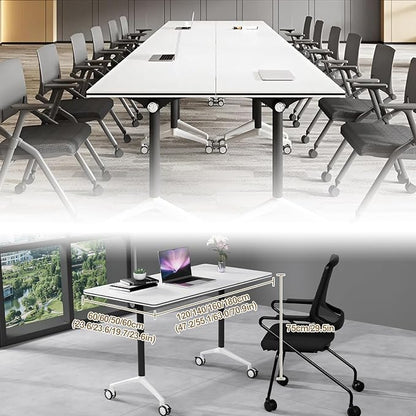Conference Table, Folding Conference Room Table On Wheels Foldable Office Conference Table Moderen Modular Conference Training Table for Classroom Meeting (White Black 47.2IN 4PCS)