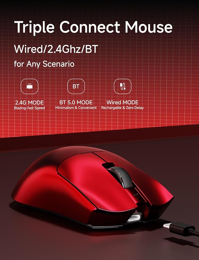 S9 Pro Wireless Gaming Mouse, 59G Ergonomic Computer Mouse, Triple Modes, 8K Polling, 26K DPI, PAW3395 Optical Sensor, Kailh Switch, 250h Battery Life, Programmable for PC/Win/Mac(Red)