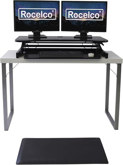 Rocelco 37.5" Deluxe Height Adjustable Standing Desk Converter with Anti Fatigue Mat BUNDLE - Quick Sit Stand Up Computer Workstation Riser - Large Retractable Keyboard Tray - Black (R DADRB-MAFM)