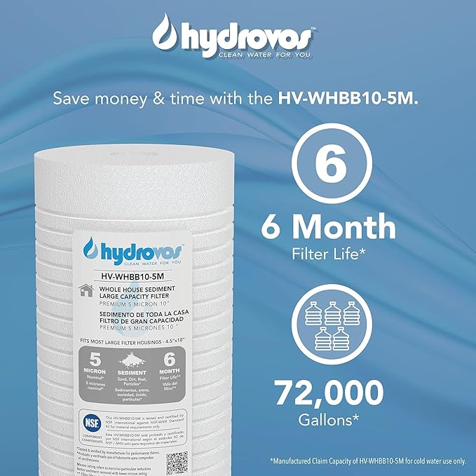 HYDROVOS 4.5 x 10 Inch Large Capacity Whole House Water Filter, NSF 42 Certified 5 Micron Sediment Filtration, Pack of 4