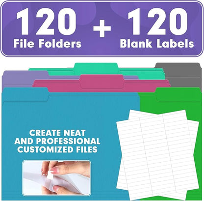 File Folder, HERKKA 120 Pack 1/3 Cut Tab File Folders, Letter Size, Assorted 6 Colors, Colored File Folders Designed for Office and Classroom Use