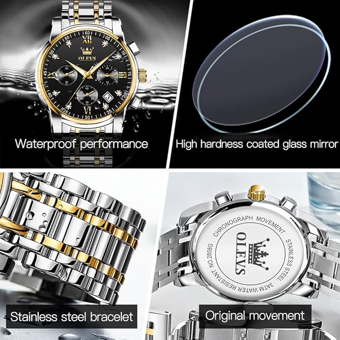 OLEVS Men's Luxury Watch Waterproof Luminous Easy Read Chronograph Watches Full Gold/White Dail/Black Face with Calendar Wristwatch