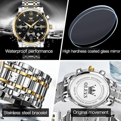 OLEVS Men's Luxury Watch Waterproof Luminous Easy Read Chronograph Watches Full Gold/White Dail/Black Face with Calendar Wristwatch