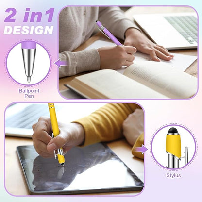 Tenare 12 Pieces 2 in 1 Stylus Metal Ballpoint Pen with Stylus Tip, 1.0 mm Black Ink Ballpoint Pen for Touch Screens(Vibrant Colors and Silver)