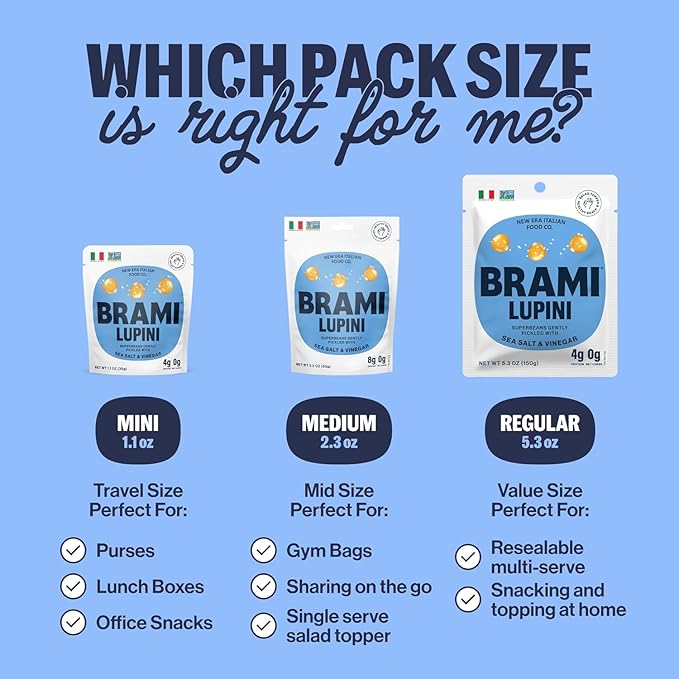 Brami Lupini Beans Snack, Sardinian Sea Salt & Vinegar | 7g Plant Protein, 0g Net Carbs | Vegan, Vegetarian, Keto, Plant Based, Mediterranean Diet | 5.3 Ounce (8 Count)