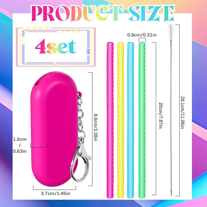 Meanplan 4 Sets Cruise Ship Essentials,4 Set Silicone Straws with Case Reusable Silicone Portable Drinking Straw Set for Party Travel Cold or Hot with 4 Carry Case, 4 Cleaning Brushes (Neon Colors)