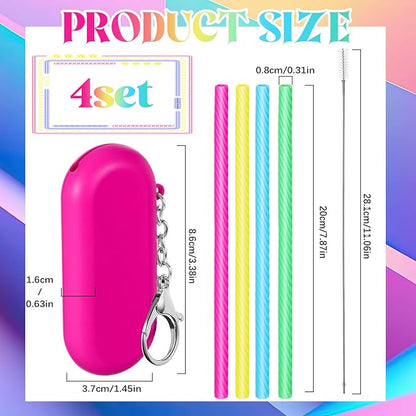 Meanplan 4 Sets Cruise Ship Essentials,4 Set Silicone Straws with Case Reusable Silicone Portable Drinking Straw Set for Party Travel Cold or Hot with 4 Carry Case, 4 Cleaning Brushes (Neon Colors)