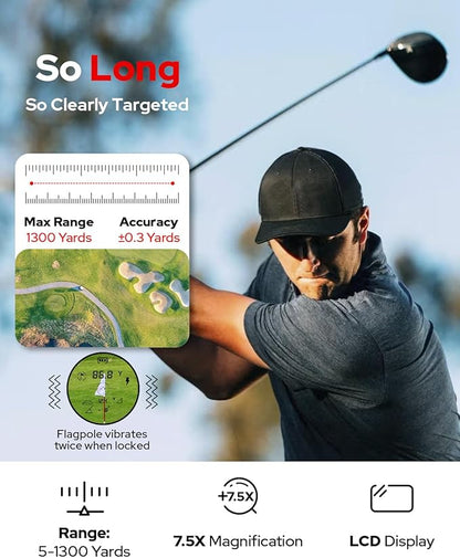 GF2 Golf Rangefinder with Slope, 1300 Yards Laser Range Finder, 7.5X Magnification, Flag Pole Locking Vibration 0.3 Yard Accuracy, Rechargeable Magnetic Golf Accessories Gift for Men Women