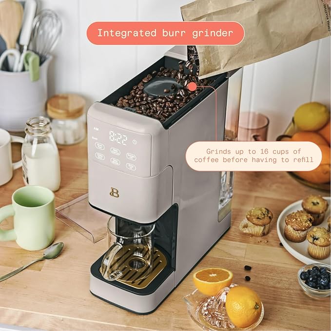 Beautiful Perfect Grind Programmable Single Serve Coffee Maker with Touch-activated Display, Programmable and Integrated Burr Grinder, 64oz Water Reservoir (PORCINI TAUPE)