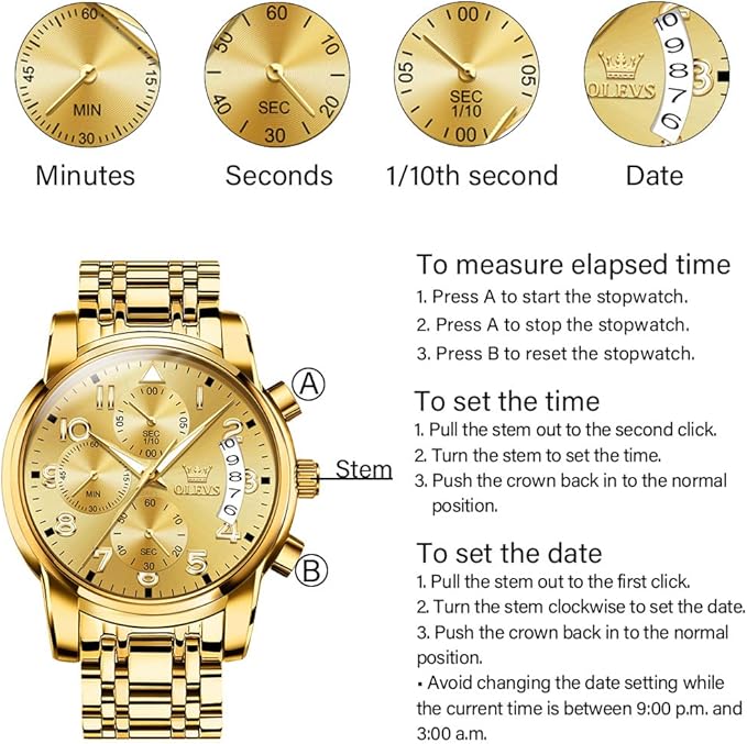 OLEVS Men's Stainless Steel Chronograph Watch, Big Face Gold Silver Black Tone Easy to Read Analog Quartz Watch, Luxury Waterproof Date Diamond Roman Arabic Numerals Dial Dress Watch for Men