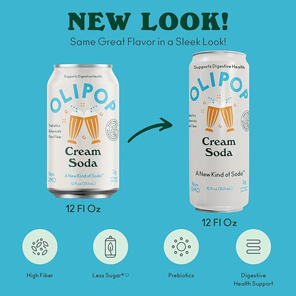 OLIPOP Prebiotic Soda Pop, Cream Soda, Pantry Pack Packed with Prebiotics, Fiber, and Botanicals, Gluten Free, Vegan, GMO Free, 12oz Skinny (12-Cans)
