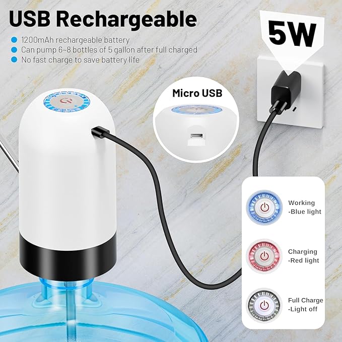 Myvision Water Dispenser for 5 Gallon Bottle,Portable USB Charging Electric Water Pump, Drinking Water Jug Pump for Home, Kitchen, Living Room, Office,Camping,Universal for 3-5 Gallon (White)