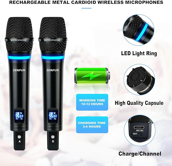 2 Channel Rechargeable Wireless Microphone System, Pro UHF Metal Handheld Wireless Microphones Cordless Mics with Echo Bluetooth VOL Channel Control for Karaoke Singing Church(MU-898)