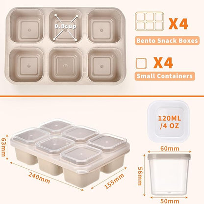 4-Pack Leakproof Bento Box & Snack Containers for Kids & Adults | 6-Compartment with 4 Sauce Cups | Ideal for School, Office, Picnic & Travel (38oz/1100ml) (Pink/Beige/Orange/Green)