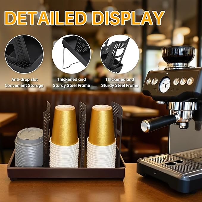 WIN&YING Coffee Cup Holder, Paper Cup and Lid Holder, Universal Disposable Cup Dispenser for Coffee Stations & Restaurant, Bar, Breakroom (Single Row - 3 Slots)