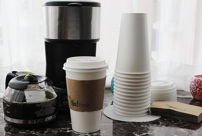 Yes!Fresh Disposable Paper Hot Coffee Cups with Lids for Office Parties Home Travel Corrugated Sleeve Hot Drink Cups (White 16 oz 100 count)