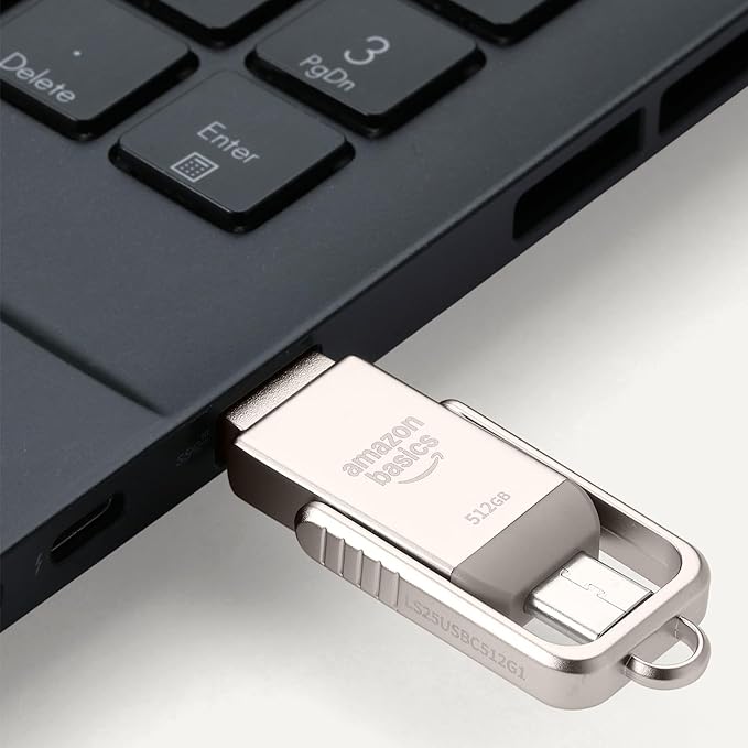 Amazon Basics USB Flash Drive, Thumb Drive Memory Stick with USB C and USB A Dual Ports, 512GB, Champagne Silver