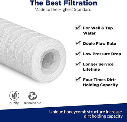 Membrane Solutions 20 Micron 10"x2.5" String Wound Whole House Water Filter Replacement Cartridge Universal Sediment Filters for Well Water - 6 Pack