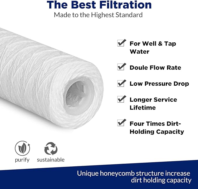 Membrane Solutions 50 Micron 10"x2.5" String Wound Whole House Water Filter Replacement Cartridge Universal Sediment Filters for Well Water - 6 Pack